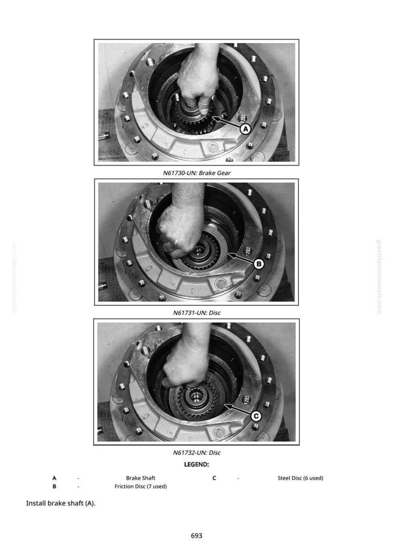 May include: Black and white technical diagram illustrating the assembly of a brake system. The diagram features close-up views of the brake gear, disc, and other components, with labels and arrows indicating the assembly process. The text includes "Brake Gear", "Disc", and "Install brake shaft (A)."