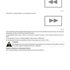 May include: A technical document in French, titled "R&Eacute;GLAGES OU TARAGES ET DIAGNOSTICS &Eacute;LECTRONIQUES". It features instructions for "PREVIOUS" and "SKIP" buttons, and a warning symbol. The document provides guidance on electronic diagnostics.