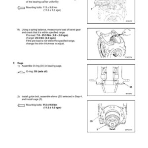 Pu&ograve; includere: Diagramma tecnico che illustra le fasi di smontaggio e montaggio del differenziale. Include diagrammi di supporti dei cuscinetti, ingranaggio conico, O-ring e bulloni di guida. Il testo fornisce istruzioni per ogni fase.