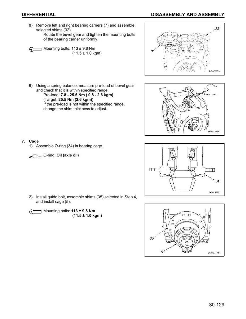 Pu&ograve; includere: Diagramma tecnico che illustra le fasi di smontaggio e montaggio del differenziale. Include diagrammi di supporti dei cuscinetti, ingranaggio conico, O-ring e bulloni di guida. Il testo fornisce istruzioni per ogni fase.