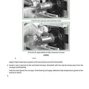 Puede incluir: Dos im&aacute;genes que muestran pasos de montaje mec&aacute;nico. La primera muestra la instalaci&oacute;n de un ret&eacute;n en V, y la segunda muestra la aplicaci&oacute;n de grasa. El texto incluye instrucciones para lubricar e instalar un nuevo ret&eacute;n en V en un eje de transmisi&oacute;n de transportador.