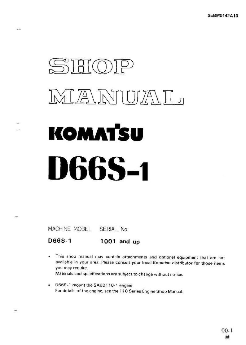 Op de afbeelding: Een witte werkplaatshandleiding met de tekst "SHOP MANUAL" en "KOMATSU D66S-1" in vette zwarte letters. De handleiding bevat ook het machinemodel "D66S-1" en het serienummer "1001 and up".