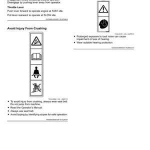 May include: A white page with safety labels and instructions. The labels warn against crushing, loud noise exposure, and provide operational guidance for a park brake and throttle lever. Includes safety precautions and manual references.