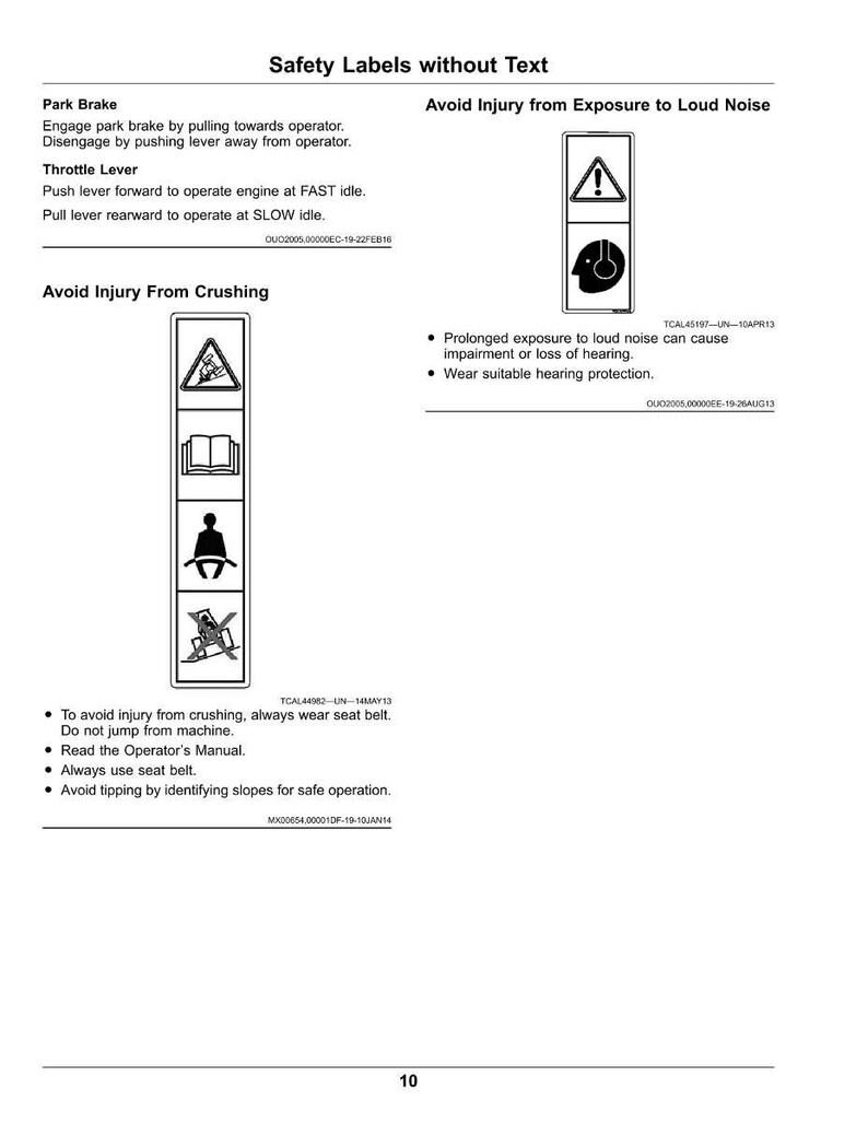 May include: A white page with safety labels and instructions. The labels warn against crushing, loud noise exposure, and provide operational guidance for a park brake and throttle lever. Includes safety precautions and manual references.