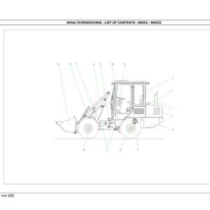 May include: Line drawing of a small front-end loader, with labeled parts. The loader has a cab, bucket, and wheels. The text at the top reads "LIST OF CONTENTS - INDEX - INDICE". The text at the bottom reads "Seite 4 von 205".