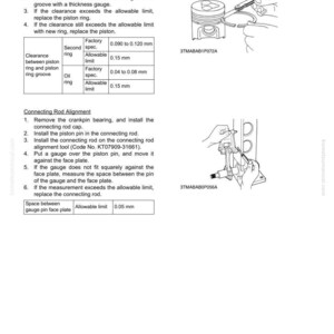 Pu&ograve; includere: Diagramma tecnico da un manuale di servizio che illustra le procedure di manutenzione del motore. Include illustrazioni di fasce elastiche, bielle e misure in millimetri. Il testo include istruzioni per i controlli di gioco e l'allineamento.