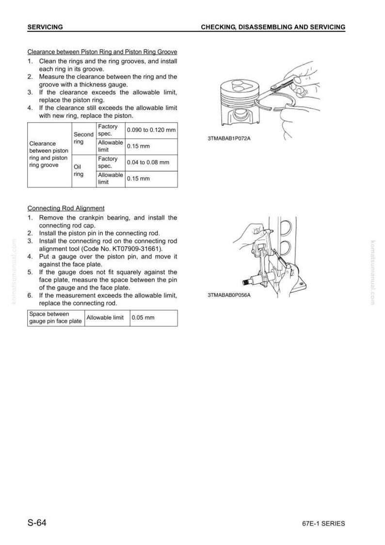 Pu&ograve; includere: Diagramma tecnico da un manuale di servizio che illustra le procedure di manutenzione del motore. Include illustrazioni di fasce elastiche, bielle e misure in millimetri. Il testo include istruzioni per i controlli di gioco e l'allineamento.