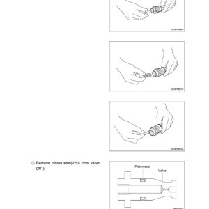 May include: Technical diagram illustrating the disassembly of a valve. The image shows a series of steps, including removing a spring retainer, spring, and valve, followed by removing a piston seal. Text labels identify the parts.