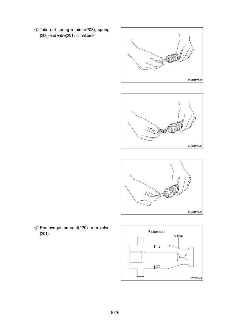 May include: Technical diagram illustrating the disassembly of a valve. The image shows a series of steps, including removing a spring retainer, spring, and valve, followed by removing a piston seal. Text labels identify the parts.