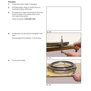 May include: An instructional page with the Fendt logo, detailing rear wheel brake installation. The text includes procedures for fitting piston seals, measuring dimensions (3 mm &plusmn;0.1 mm), and oiling seals. Figures 755, 756, and 757 illustrate the steps.
