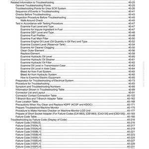 May include: A detailed table of contents from a manual, with a white background and black text. The table lists troubleshooting procedures, including topics like fuel levels, oil filters, and failure codes. The document is labeled "40 Troubleshooting."