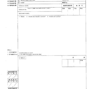 May include: A white document titled "PROPOSAL FOR MANUAL REVISION" with Japanese text. The form includes fields for company name, department, manual name, and machine model. It also has sections for details, requests, and user opinions.