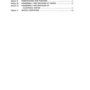 Op de afbeelding: Een witte pagina met de titel "CONTENTS" bovenaan. De pagina bevat secties met titels als "GENERAL", "CONSTRUCTION AND FUNCTION" en "DISASSEMBLY AND SERVICING OF ENGINE". Nummers staan rechts van elke sectietitel.