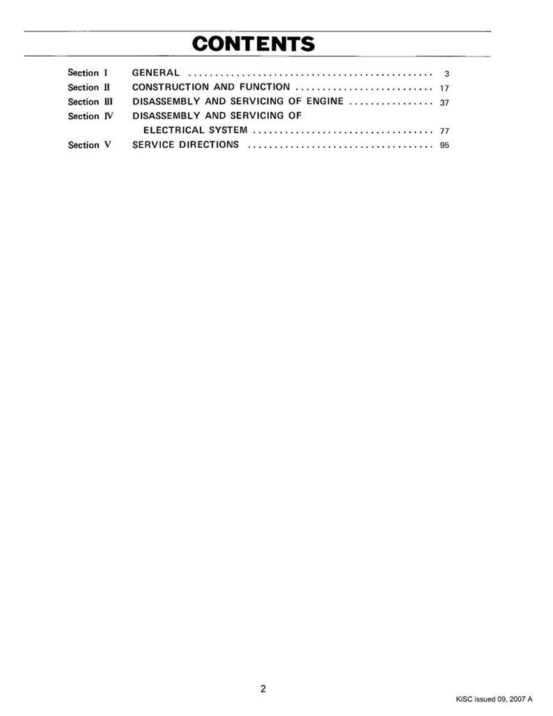 Op de afbeelding: Een witte pagina met de titel "CONTENTS" bovenaan. De pagina bevat secties met titels als "GENERAL", "CONSTRUCTION AND FUNCTION" en "DISASSEMBLY AND SERVICING OF ENGINE". Nummers staan rechts van elke sectietitel.