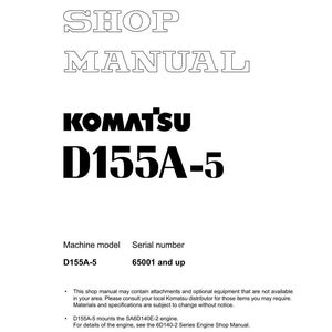 Pu&ograve; includere: Una copertina bianca di manuale d'officina con la scritta "SHOP MANUAL" in grassetto e contornata. Sotto, il logo "KOMATSU" e "D155A-5" in grandi lettere in grassetto. Il modello della macchina &egrave; D155A-5, numero di serie 65001 e superiori.