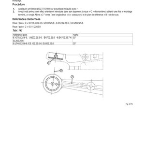 Op de afbeelding: Technische tekening met Franse tekst die de wielori&euml;ntatie en de stuuruithoeksensor beschrijft. Bevat een gedetailleerde illustratie van mechanische componenten, met metingen en referentiepunten gelabeld voor montage.