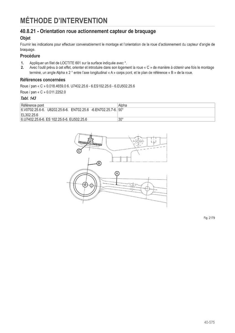 Op de afbeelding: Technische tekening met Franse tekst die de wielori&euml;ntatie en de stuuruithoeksensor beschrijft. Bevat een gedetailleerde illustratie van mechanische componenten, met metingen en referentiepunten gelabeld voor montage.