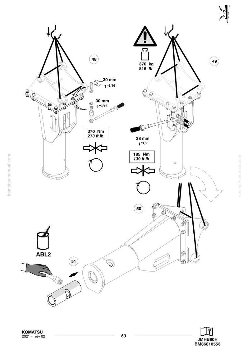 May include: Technical diagram showing mechanical components with measurements in mm and kg. The diagram includes a warning symbol, torque specifications, and the text "ABL2".