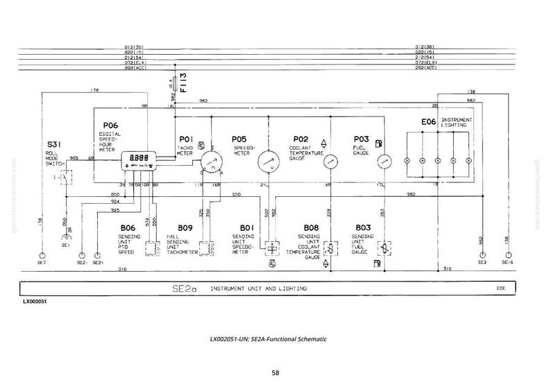 May include: Schematic diagram of an instrument unit and lighting system. The diagram includes a digital speed-hour meter, tachometer, speedometer, coolant temperature gauge, and fuel gauge. Text includes "SE2a INSTRUMENT UNIT AND LIGHTING".