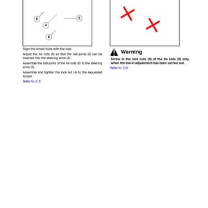 Puede incluir: Diagramas que ilustran las operaciones de desmontaje y montaje. Un diagrama muestra cubos de rueda, barras de acoplamiento y r&oacute;tulas. Otro diagrama muestra marcas rojas 'X' con una advertencia sobre tuercas de seguridad.