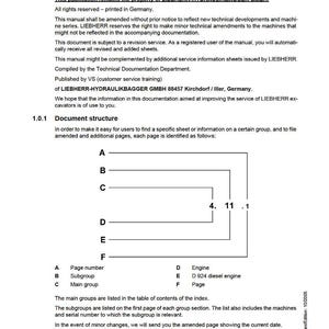May include: A service manual page with the title "Introduction" and "Service Manual". The document includes text, diagrams, and a copyright notice from LIEBHERR. It details document structure, page numbers, and subgroups.
