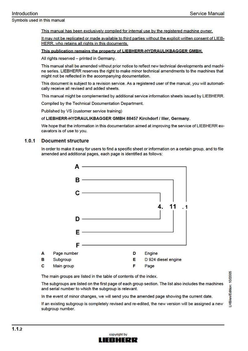 May include: A service manual page with the title "Introduction" and "Service Manual". The document includes text, diagrams, and a copyright notice from LIEBHERR. It details document structure, page numbers, and subgroups.
