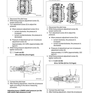May include: Diagrams and instructions for testing and adjusting a hydraulic system. Includes illustrations of components, steps for adjusting pressure, and specifications for lock nuts, with measurements in Nm and kgm.