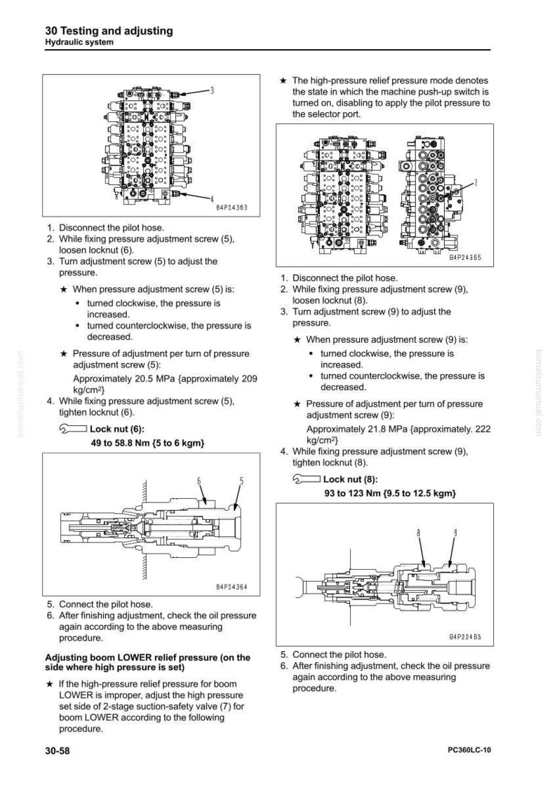 May include: Diagrams and instructions for testing and adjusting a hydraulic system. Includes illustrations of components, steps for adjusting pressure, and specifications for lock nuts, with measurements in Nm and kgm.