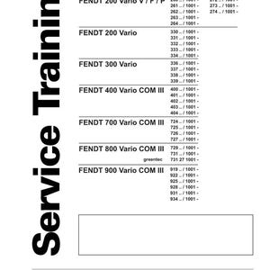 May include: A white document titled "Vario tractors - fault codes" with a black "Service Training" title on the left. Lists fault codes for Fendt tractor models 200, 300, 400, 700, 800, and 900 series. Includes the Fendt logo.