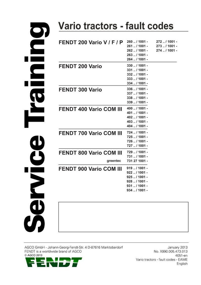 May include: A white document titled "Vario tractors - fault codes" with a black "Service Training" title on the left. Lists fault codes for Fendt tractor models 200, 300, 400, 700, 800, and 900 series. Includes the Fendt logo.