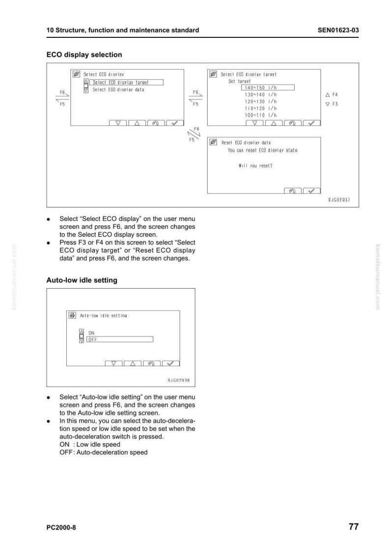 May include: A technical diagram with text and diagrams related to ECO display selection and auto-low idle settings. The document includes options for display targets and settings, with labels and check boxes. The page number is 77.