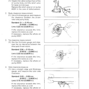 May include: Diagram of oil pump inspection procedures. Includes illustrations of measuring valve contact, body clearance (0.1-0.16 mm), tip clearance (0.04-0.16 mm), and side clearance (0.03-0.09 mm) using a thickness gauge.