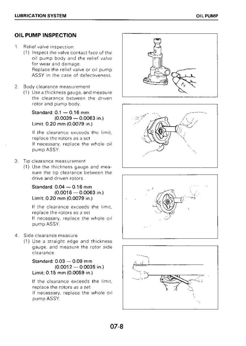 May include: Diagram of oil pump inspection procedures. Includes illustrations of measuring valve contact, body clearance (0.1-0.16 mm), tip clearance (0.04-0.16 mm), and side clearance (0.03-0.09 mm) using a thickness gauge.