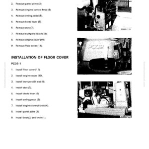 Pode incluir: Uma p&aacute;gina de manual que detalha a remo&ccedil;&atilde;o e instala&ccedil;&atilde;o de uma cobertura de piso, com diagramas. O texto inclui etapas numeradas e etiquetas de pe&ccedil;as. As imagens mostram componentes de uma m&aacute;quina.