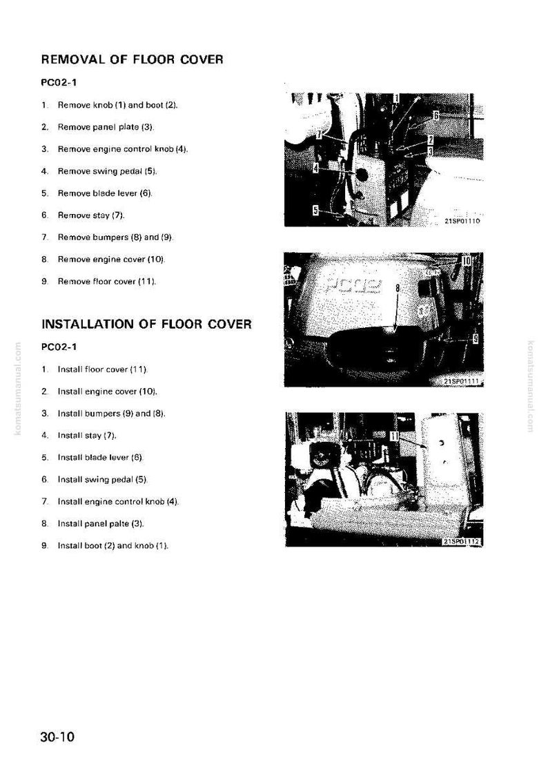 Pode incluir: Uma p&aacute;gina de manual que detalha a remo&ccedil;&atilde;o e instala&ccedil;&atilde;o de uma cobertura de piso, com diagramas. O texto inclui etapas numeradas e etiquetas de pe&ccedil;as. As imagens mostram componentes de uma m&aacute;quina.