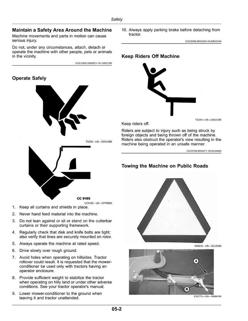 May include: Safety instructions for machinery operation. Includes warnings about maintaining a safety area, keeping riders off, and safe operating procedures. Features diagrams and text, with a focus on preventing injury and ensuring safe practices.