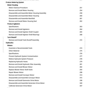 K&ouml;nnte beinhalten: Eine Seite aus einem Handbuch mit wei&szlig;em Hintergrund, die Wartungsverfahren f&uuml;r Maschinen auflistet. Abschnitte umfassen Antriebe, Produktmesssystem, Produktagitator, Tankabschaltung, Hydraulik, Motoren und Ventile. Seitenzahlen sind sichtbar.