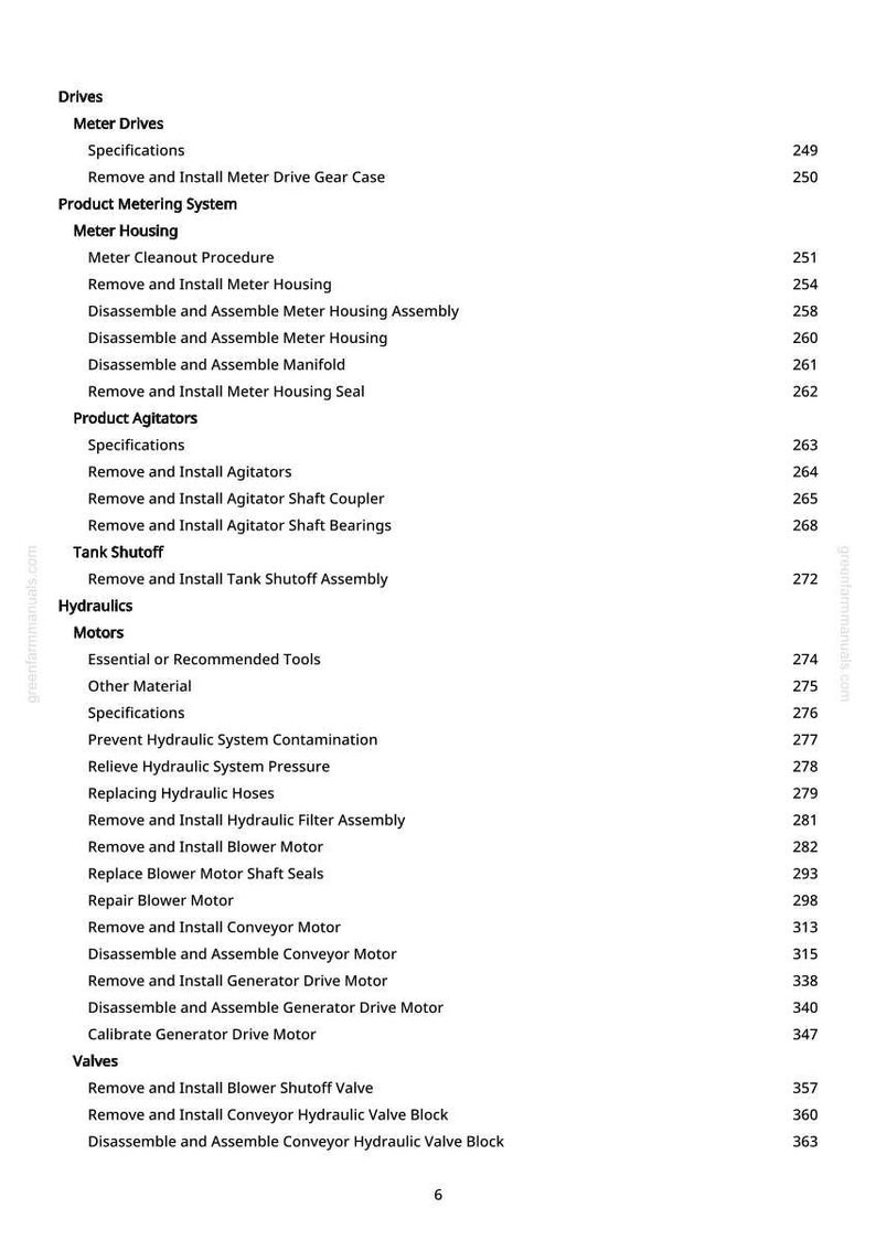 K&ouml;nnte beinhalten: Eine Seite aus einem Handbuch mit wei&szlig;em Hintergrund, die Wartungsverfahren f&uuml;r Maschinen auflistet. Abschnitte umfassen Antriebe, Produktmesssystem, Produktagitator, Tankabschaltung, Hydraulik, Motoren und Ventile. Seitenzahlen sind sichtbar.