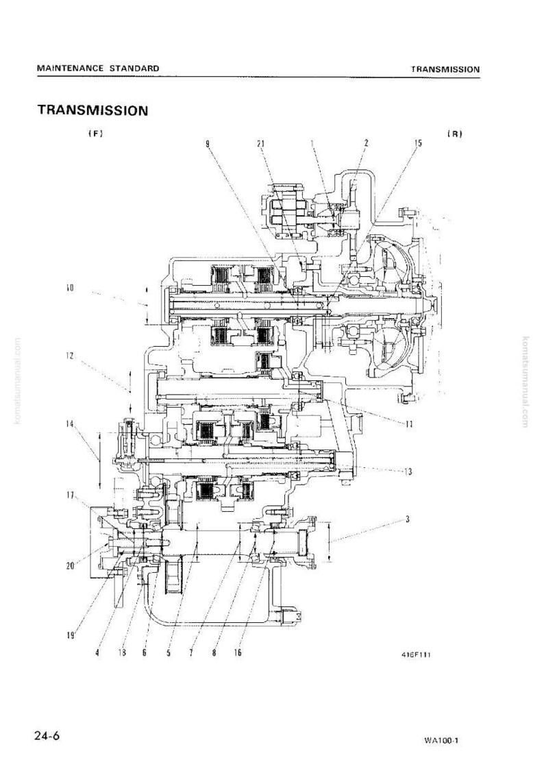 May include: Detailed technical diagram of a transmission system, labelled with numbers and lines. The diagram is in black and white, with the word "TRANSMISSION" prominently displayed at the top. The image includes the text "MAINTENANCE STANDARD".