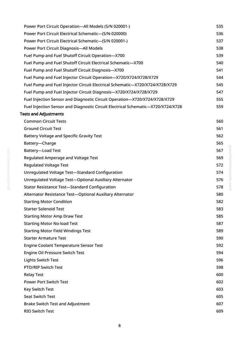 May include: A detailed list of tests and adjustments, including circuit tests, voltage tests, and sensor tests, is displayed on a white background. The text is black and organised in a numbered list.
