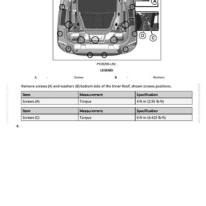 May include: Diagram of the inner roof of a vehicle, detailing screw and washer locations. Includes a legend and specifications for screws (A) and (C), with torque measurements of 4 N&middot;m (2.95 lb-ft) and 6 N&middot;m (4.425 lb-ft) respectively.