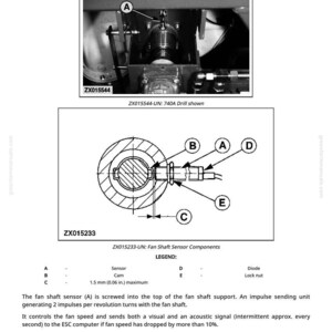 May include: Diagram of a fan shaft sensor with labeled components A, B, C, D, and E. The diagram includes a detailed view of the sensor and its relationship to other parts, with a maximum clearance of 0.06 inches.