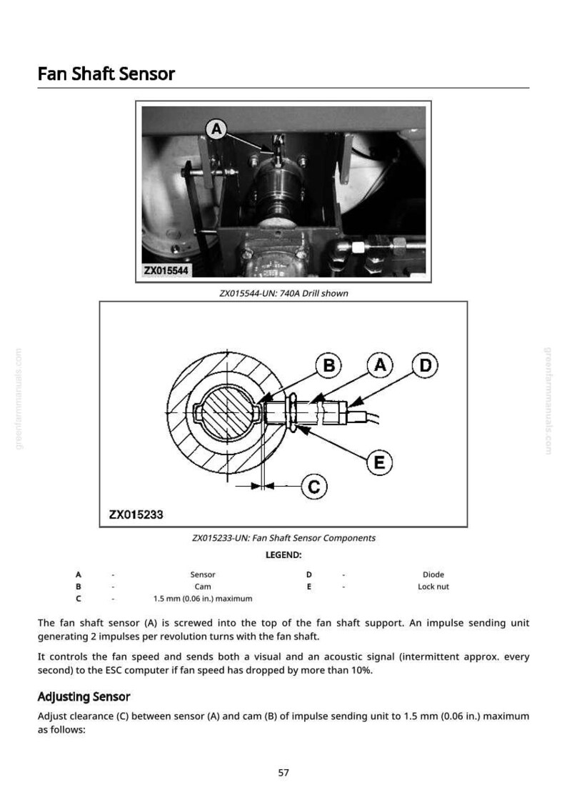May include: Diagram of a fan shaft sensor with labeled components A, B, C, D, and E. The diagram includes a detailed view of the sensor and its relationship to other parts, with a maximum clearance of 0.06 inches.
