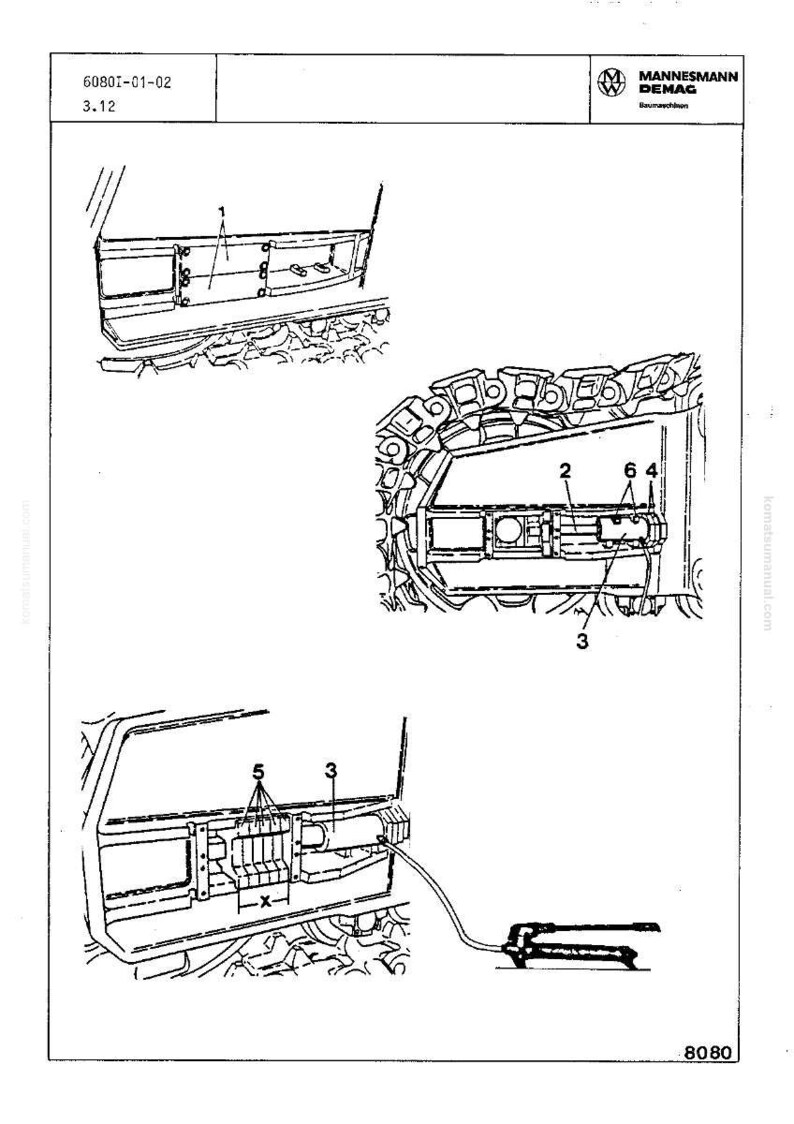 May include: Technical diagram showing various views of a vehicle component. The diagram includes labels and numbers, with the "MANNESMANN DEMAG" logo in the upper right corner. The document number is 6080I-01-02.