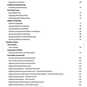 Op de afbeelding: Een pagina uit een handleiding met een inhoudsopgave. De tekst bevat "Lock Collars", "Reel Safety Props" en "Cutterbar System". Paginanummers staan rechts. De handleiding is voor landbouwmachines.