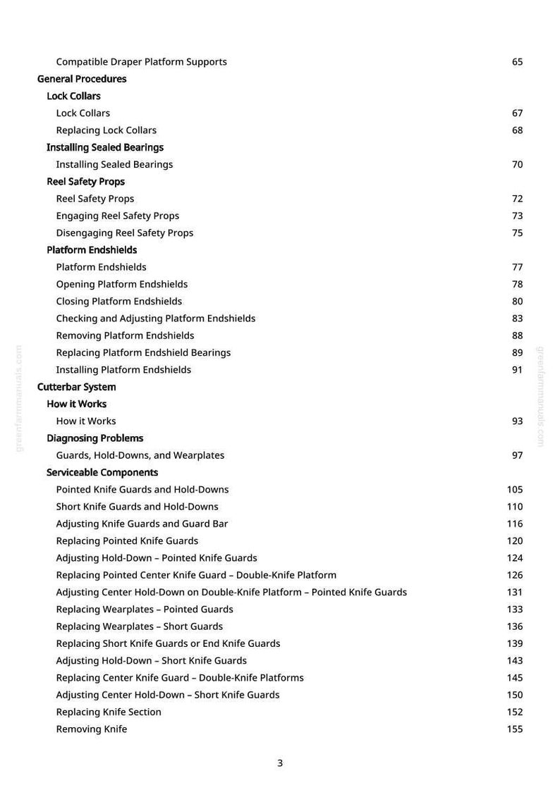 Op de afbeelding: Een pagina uit een handleiding met een inhoudsopgave. De tekst bevat "Lock Collars", "Reel Safety Props" en "Cutterbar System". Paginanummers staan rechts. De handleiding is voor landbouwmachines.
