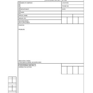 K&ouml;nnte beinhalten: Ein wei&szlig;es Dokument mit dem Titel "VORSCHLAG ZUR MANUELLEN &Uuml;BERARBEITUNG" von Komatsu America International Company. Das Dokument enth&auml;lt Felder f&uuml;r Firmennamen, Abteilung, Handbuchdetails und einen Abschnitt f&uuml;r Problembeschreibung und Korrekturma&szlig;nahmen.