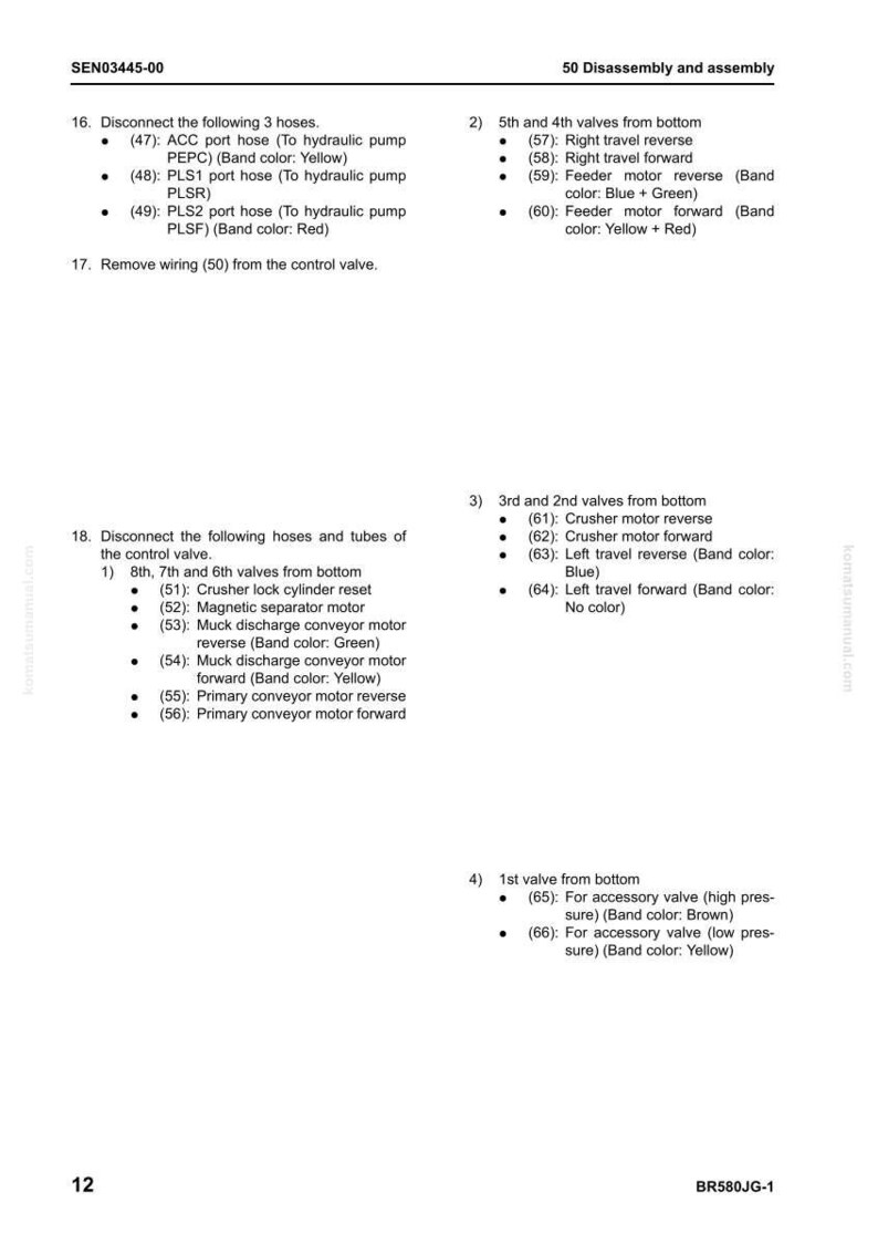 May include: A detailed diagram from a manual, labeled "50 Disassembly and assembly." It lists procedures for disconnecting hoses and removing wiring from a control valve. Includes band colors and valve descriptions.