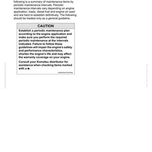 May include: A white page from a Komatsu manual with the title "Periodic maintenance schedule." The page includes text about engine maintenance, a "CAUTION" section, and the text "Consult your Komatsu distributor for assistance."