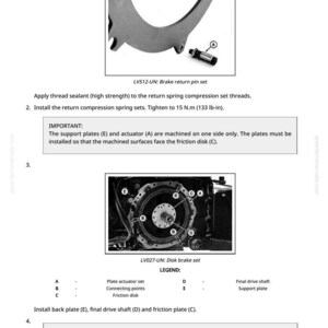 May include: Diagram showing brake installation instructions, including a brake return pin set and disk brake set. Text details applying thread sealant, installing spring sets, and plate alignment. Includes a legend for parts.
